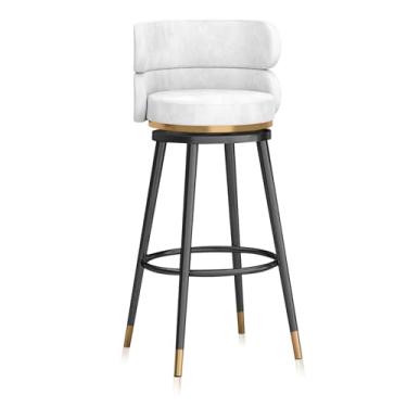 Imagem de Conjunto de bancos de bar estofados de veludo de 1,65 cm, banquetas giratórias com apoio para os pés e pernas de metal preto, bancos de jantar estofados de café da manhã com encosto alto, branco