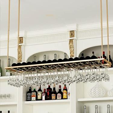 Imagem de Prateleira de teto pendurado rack de vinho suporte de taça de vidro de metal dourado para armário cozinha bar decoração prateleira, organizador de copos de vidro flutuante - ajustável (tamanho: 100 x