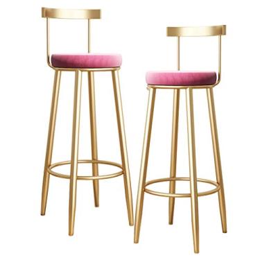 Imagem de Banquetas de bar de altura de balcão com encosto banquinho alto de ferro forjado almofada de veludo de perna de metal dourado, apoio para os pés para cadeira de café da manhã de cozinha para bistrô
