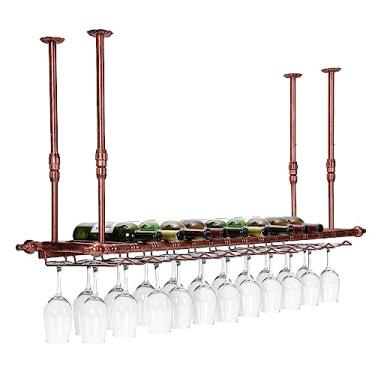 Imagem de Rack de vinho pendurado, rack de pendurar para copos de vinho vintage com suporte de vidro e prateleira 30-60 cm barra de teto de metal ajustável rack de vidro de vinho para famílias bares e vários