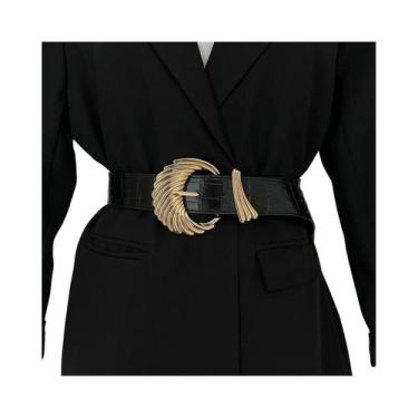 Imagem de Cinto Feminino De Couro Veludo Preto Luxuoso Com Fivela Dourada Larga 