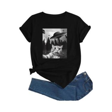 Imagem de Camiseta Feminina Com Estampa De Gato E OVNI, Gola Redonda, Casual, Ma