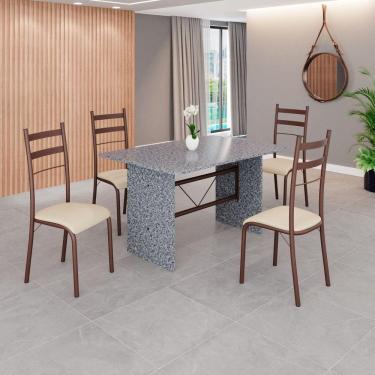 Imagem de Conjunto Sala de Jantar Mesa Retangular 120x75cm Tampo Granito Ocre 4 Cadeiras Marselha Creme / Marrom