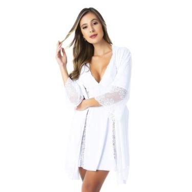 Imagem de Robe Feminino Branco De Renda Pijama Lingerie  Kimono Roupão - Empório