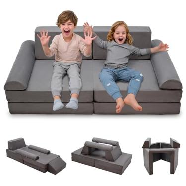 Imagem de Kinevoli Sofá infantil modular de 8 peças, sofá de brincar para sala de jogos, quarto, espuma conversível e almofada de chão para meninos e meninas, cinza