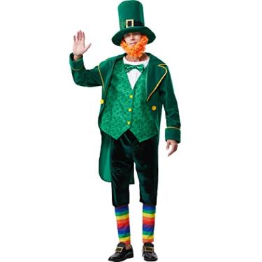 Imagem de Frojuly Fantasia de duende masculina Dia de São Patrício adulto verde amuletos da sorte roupa 5 peças jaqueta irlandesa terno para Halloween conjunto, Verde, G-GG
