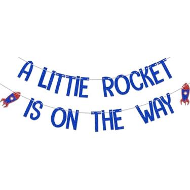 Imagem de A Little Rocket Is on the Way Bnner, decorações engraçadas de festa de chá de bebê, banner de festa com tema planeta, foguete navio, aniversário, chá de bebê, suprimentos de festa azul vermelho