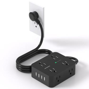 Imagem de HANYCONY - Protetor de sobretensão de tira de alimentação, cabo de Exetnsion de 5 pés com múltiplas tomadas, extensor de saída com 4 portas USB, tomada plana, suporte de parede para casa,
