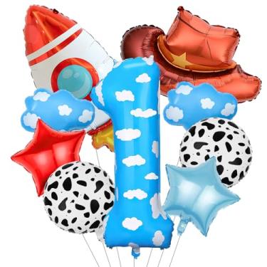 Imagem de Decorações temáticas de brinquedo, 9 peças de balões de nuvem azul céu com estampa de vaca com balão de foguete e balão de chapéu de cowboy para crianças, decoração de festa de 1º aniversário (1ST)