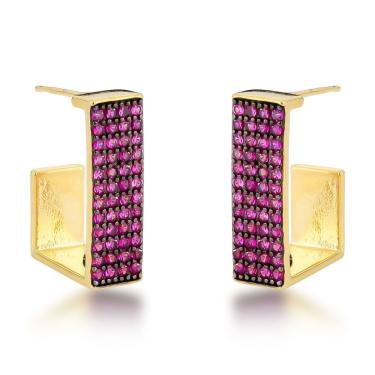 Imagem de Brincos De Argola Com Zircônias Rubi E Banho De Ouro 18k - Estilo Moderno
