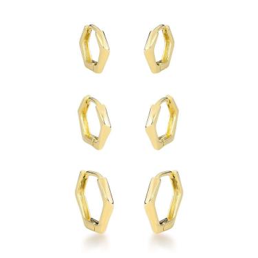Imagem de Trio De Brincos Argola Sextavadas Banhadas A Ouro 18k