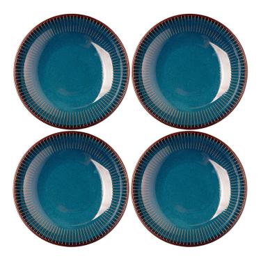 Imagem de Jogo 4 Prato Fundo De Massas Cerâmica Linear Azul Premium 23cm Lyor