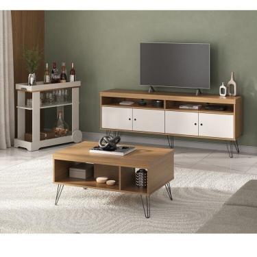 Imagem de Kit Para Sala De Estar Rack E Mesa De Centro E Carrinho Bar Liberty Carvalho-off White