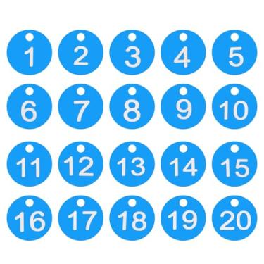Imagem de PATIKIL 1-20 etiquetas numeradas de plástico redondo numerado identificação identificação chave pendurar etiqueta para chaveiro de dormitório caixa de armário de academia, azul claro com texto branco