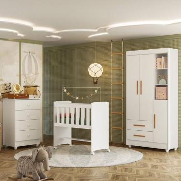 Imagem de Quarto De Bebê Completo Com Cômoda, Mini Berço Com Colchão E Guarda Roupas Lila Branco