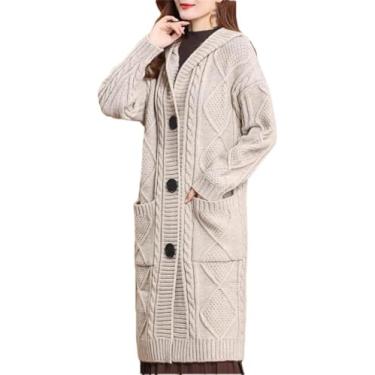 Imagem de Suéter Com Capuz Feminino Cardigan Longo Outono E Inverno Solto Engrossado Quente Malha Trespassado Trespassado, Beige, L