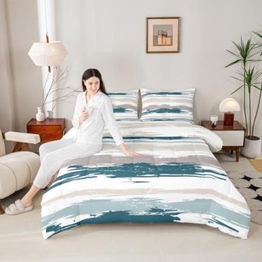 Imagem de Erosebridal Conjunto de edredom azul abstrato, tamanho king, moderno, cinza, marrom, listrado, geométrico, estético, pintura a óleo, edredom minimalista, simples, aquarela