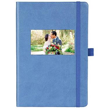 Imagem de Notebook clássico The Why Journal - Diário de capa dura durável com bolso, papel marfim grosso, tamanho A5, fecho de elástico, suporte de caneta, foto, cartão de visita, logotipo ou janela de golo na capa, Azul, A5