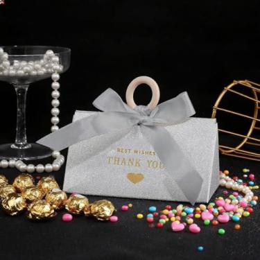 Imagem de Pwenjofy Pacote com 24 caixas de presente pequenas com fita – mini caixas de lembrancinhas de casamento de 17 x 10 x 9 cm, prata brilhante para chá de panela, chá de bebê, festa de aniversário