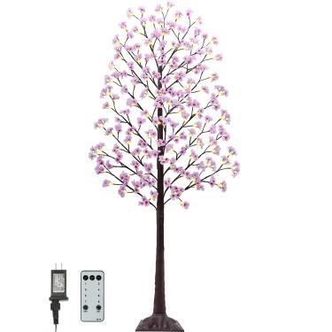 Imagem de Árvore de cerejeira iluminada de 2,8 m – Árvore de cerejeira artificial sintética com 144 luzes, 432 flores exuberantes, temporizador, controle remoto, 8 modos, árvore rosa para primavera, festa de