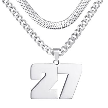 Imagem de Colar de número, colar em camadas para homens, colar com número de jérsei para menino atleta, corrente de aço inoxidável 45,7 cm + 50 cm para homens com pingente de número, colares com números de