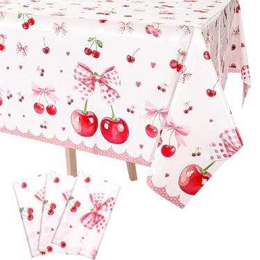 Imagem de Guiqulai 3 peças de toalhas de mesa para decoração de aniversário de cereja, tamanho grande, cereja e laços, toalha de mesa descartável para festa temática de cereja, chá de bebê, favorito, 86,6 x