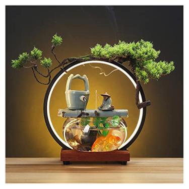 Imagem de XFNVXC Fonte decorativa para interior fonte de mesa fonte de cachoeira com lâmpada círculo e tanque de peixes mesa decoração de água corrente escritório decoração de casa fonte rochosa casa