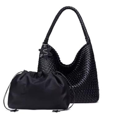Imagem de ALWY Bolsa Feminina Grande Couro Tressê Sintético Reforçado Impermeável Tiracolo, Bolsa Hobo, Couro PU (Preto)
