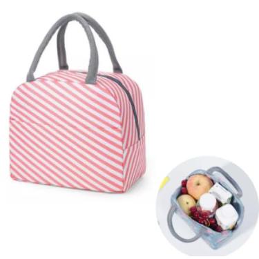 Imagem de Bolsa Marmita Lancheira Térmica Estampada – Compacta para Trabalho, Faculdade e Academia | Mantém Alimentos Quentes ou Frios, com Bolso Lateral e Alça (Listrado Rosa)