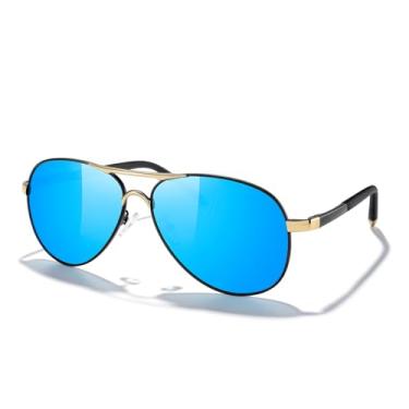 Imagem de Óculos de sol masculino clássico piloto HD de alumínio polarizado óculos de sol para dirigir óculos de sol luxuosos UV400, Armação preta e dourada/lente espelhada azul, Lens Width: 61 Millimeters