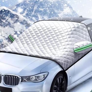 Imagem de Homgaty Capa de para-brisa para gelo de neve - 228.6 cm x 129.5 cm capa de para-brisa universal de carro geada de carro capa PEVA de proteção de 5 camadas com capa de espelho alça ajustável e tira