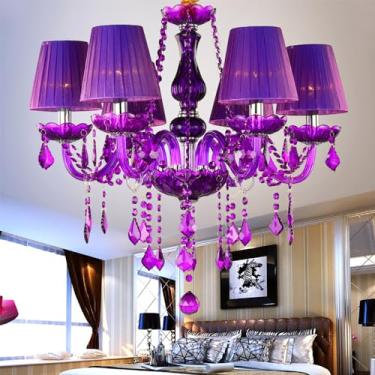Imagem de Lustre de cristal roxo de luxo europeu com velas de LED para sala de estar, restaurante, quarto, quarto de menina, casa de campo, loja de roupas, salão de beleza, café, bar, karaokê (AB 6 lâ