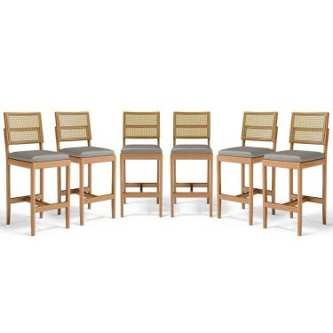 Imagem de Kit Com 6 Banqueta Milena Madeira Maciça Assento Estofado Encosto De Tela Palha Sextavada Veludo Chumbo 109