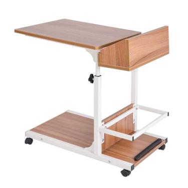 Imagem de Mesa overbed com rodas, estações de trabalho de computador com caixa de armazenamento de camada dupla faixa de elevação 55-80 cm Estante de livros barras antiderrapantes arco desktop suporte de aço