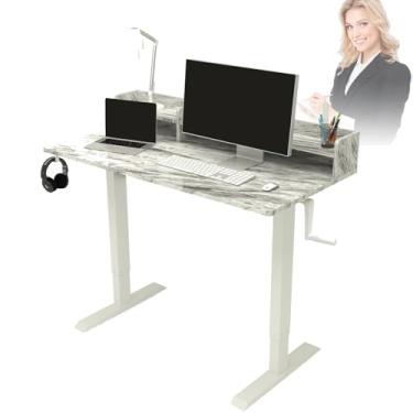 Imagem de Mesa de pé manual, mesa de computador de altura ajustável com gancho para fone de ouvido de estante de livros 120 x 60 cm 80 kg rolamento de carga 70-113 cm ajuste de altura para escritório doméstico