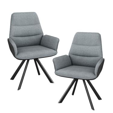 Imagem de HGTRH Cadeiras de jantar giratórias, cadeira de cozinha estofada com encosto e apoio de braço algodão linho couro pana pernas de aço carbono capacidade de peso 299 kg azul 2 peças