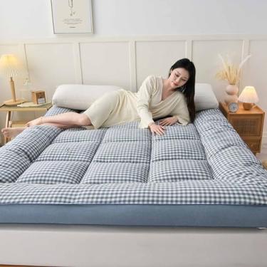 Imagem de Yadlan Colchão de chão estilo japonês futon, colchão portátil dobrável, colchão de acampamento adulto, sofá de acampamento, colchão de quarto de hóspedes, tapete de dormir tatami grade azul 200 x 220