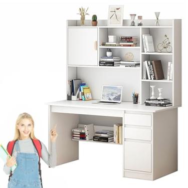 Imagem de Mesa de computador com gaiola e estante, mesa de escritório moderna em casa com gavetas, mesa de jogos, mesa de escrita, mesa de trabalho, mesa de trabalho para trabalho, estudo, placa de densidade B