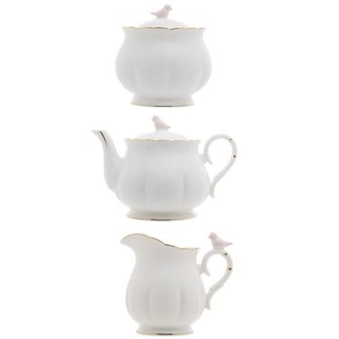 Imagem de Kit Bule + Açucareiro + Leiteira Birds de Porcelana Branco, Dourado e Rosa Wolff