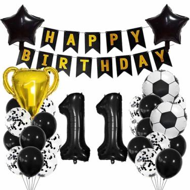 Imagem de Balão de futebol preto, 28 peças, balões metálicos de 11 anos. Decoração de futebol de 11 anos, troféu de futebol 11 balões, ouro preto, tema esportivo, decoração de festa para crianças, meninos