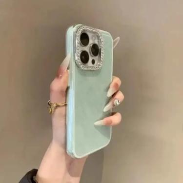 Imagem de HTVJFX Capa rígida com moldura e lente de câmera brilhante para iPhone 15 (para iPhone 15/verde claro)
