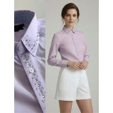Imagem de Camisa Social Feminina com Linha de Strass Premium Lilás Gola e Peito 