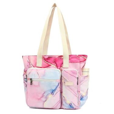 Imagem de SANFAN Bolsa feminina com vários bolsos, bolsa de ombro leve, bolsa de mão de grande capacidade para viagens, trabalho, academia (mármore rosa)