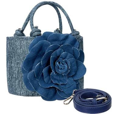 Imagem de Bolsa clutch feminina jeans floral com flor feita à mão, bolsa de ombro transversal jeans feminina com design floral, bolsa clutch jeans floral para uso diário