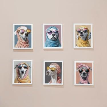 Imagem de Gatheroad Conjunto de 6 peças de arte de parede de cachorro engraçado colorido - 20 x 25 cm sem moldura de cachorro feliz com óculos e faixa de cabeça, decoração de parede para quarto de crianças