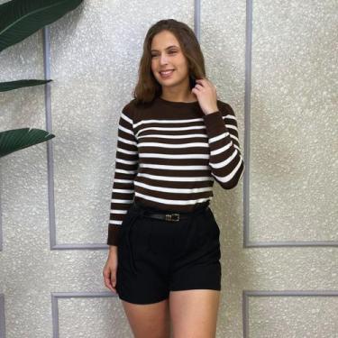 Imagem de Blusa Tricô Modal Feminina Listrado Elegante Tendência Frio - Exposiçã