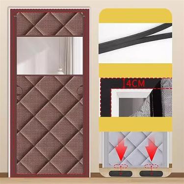 Imagem de Liveinu Cortina de porta magnética com isolamento térmico, cortina de isolamento de lã de vento, porta de tela magnética com impermeabilidade térmica, anti perda de energia, reduz o ruído, marrom com janela, 81 x 213 cm