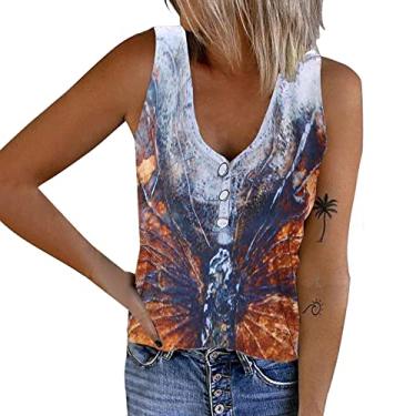 Imagem de Regatas femininas de malha canelada camiseta floral sem mangas gola V camiseta casual verão roupas abotoadas camiseta colete, Amarelo, G