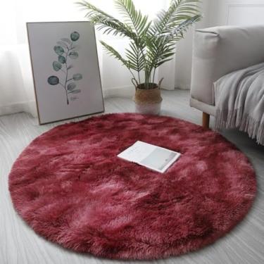 Imagem de Círculo redondo shaggy tapete sala de estar quarto tapete decoração da casa tapete peludo, vermelho, 60cm