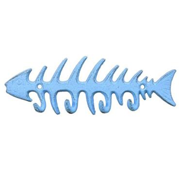 Imagem de Handcrafted Nautical Decor Porta-chaves de espinha de peixe de ferro fundido azul claro rústico 20,32 cm – Decoração de ferro fundido – Anti